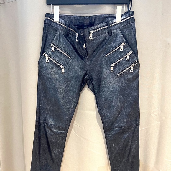 BALMAIN - FR38/6 Skinny Zip Moto Biker Pants in Glitter/Silver Lambskin Leather - Picture 3 of 15